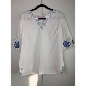 Lilly Pulitzer White Linen Blend Tunic Top Blue Embroider V Neck 3/4 Sleeve 0